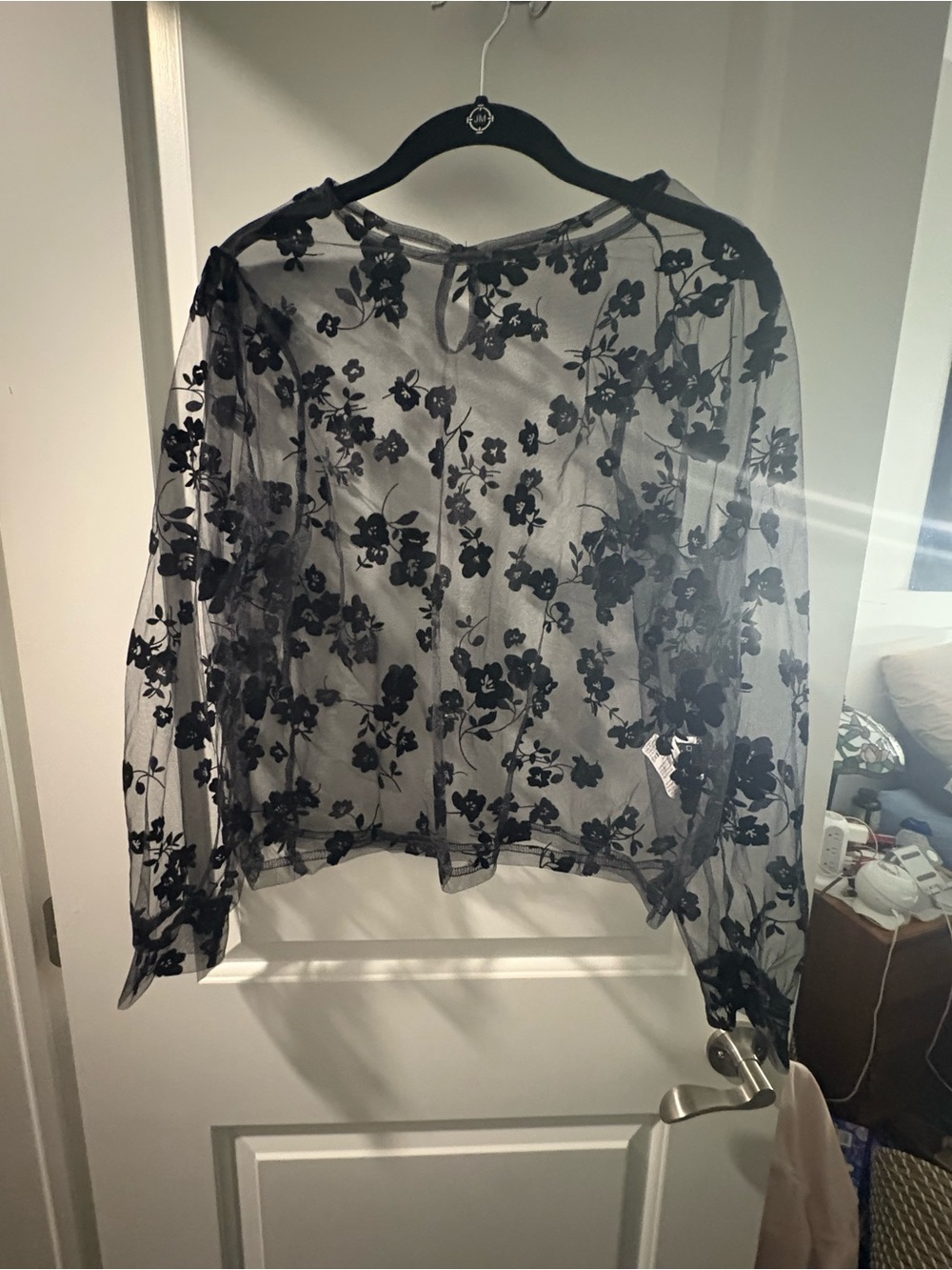 SHEIN Black Sheer Floral Embroidered Long Sleeve Blouse